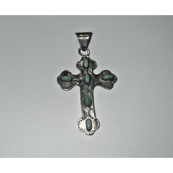 Vintage Mexican Sterling Silver Turquoise Cross Pendant 2.5 Boho Southwest Style - Picture 3 of 6